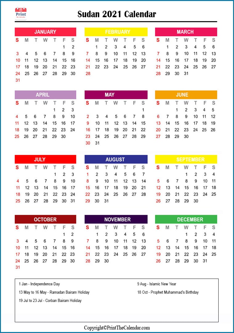 Sudan Printable Calendar 2021